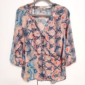 Anthropologie Figuerca & Flower Art to Wear V-Neck Sheer Blouse Animal Print L